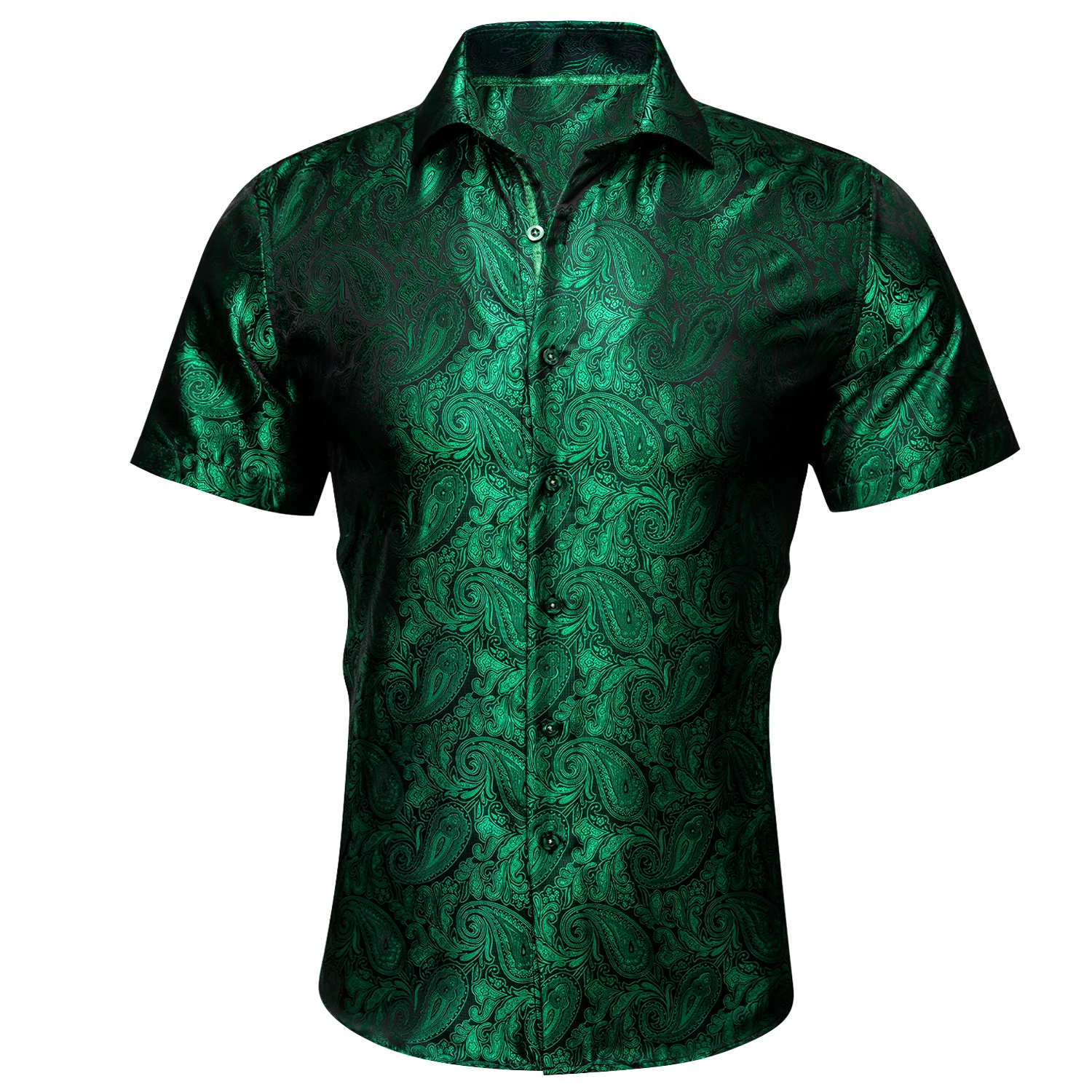 

Barry.Wang Luxury Green Paisley Mens Summer Fashion Silk Casual Shirt Stylish Lapel Pattern Short Sleeve Shirt Male Blouse Fit