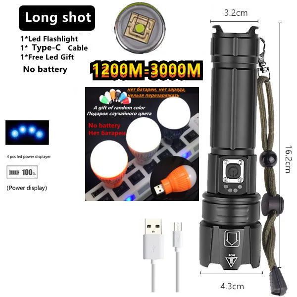 100w White Led Super Power Flashlight 3000 Meter Use 26650 Battery Type C Rechargeable Tactical Military Search Flashlight led rechargeable flashlights Flashlights