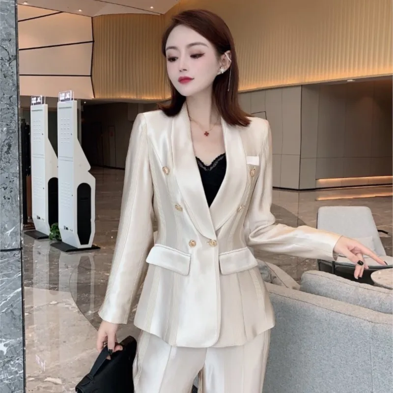 

The spring of 2022 the new high-end acetate silk suit female temperament wide-legged pants professional two-piece goddess van