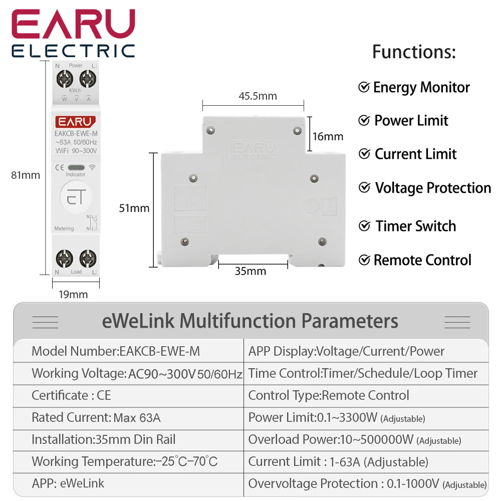 Tuya eWeLink WiFi Smart Circuit Breaker MCB 1P 63A Power Energy kWh Voltage Curr