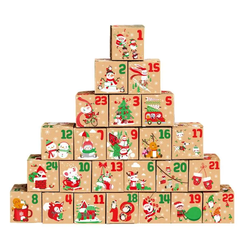 

24Pcs Christmas Gift Box Advent Calendar 24 Days Kraft Paper Candy Cookies Box Xmas New Year Party Kids Gift Favors
