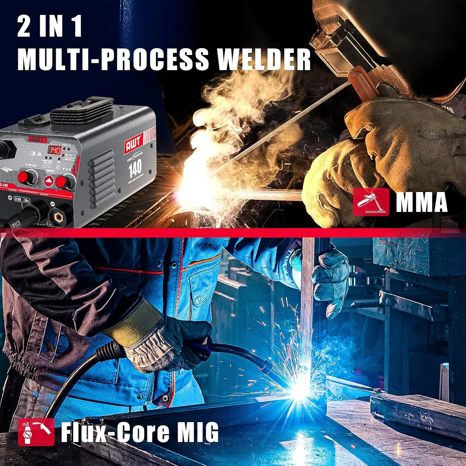 MIG Welder 140Amp, Flux Core MIG Welder/Stick 2 in 1 Welding Machine, Welder Machine 110V With Synergy IGBT Inverter 2