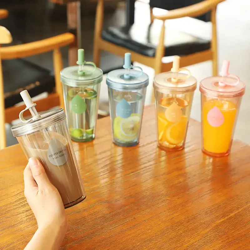 Plastic Milk Tea Tumbler Double Wall Insulated Bpa Free Coffee Fruit Juice  Clear Tumblers With Lid Straw Cup - AliExpress