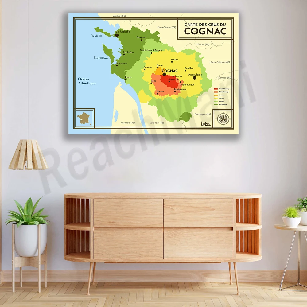 Mappa Del Poster Cognac Grand Cru, Poster Semplice Retrò, Poster Da Viaggio Wall Home Interior Decoration Stampa Su Tela