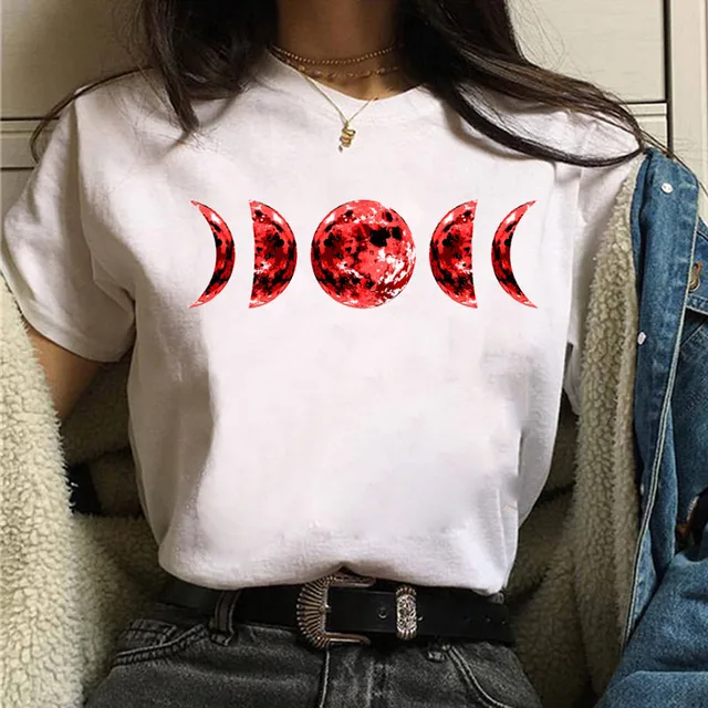New Women's T-shirt Oversized Streetwear Black Moon Casual Round Neck T-shirt Lunar Eclipse Printed Women T-shirt Tee Tops E479-White