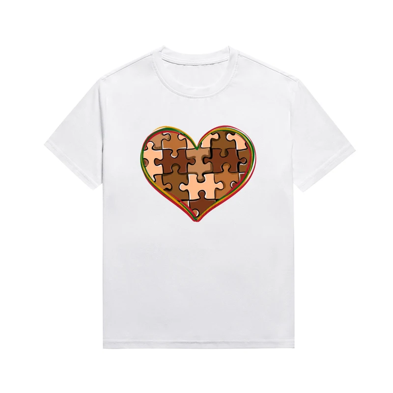 

Fun Puzzle Love Graphic Printed Tee Melanin Casual Versatile Cotton Top Custom Tees For Women