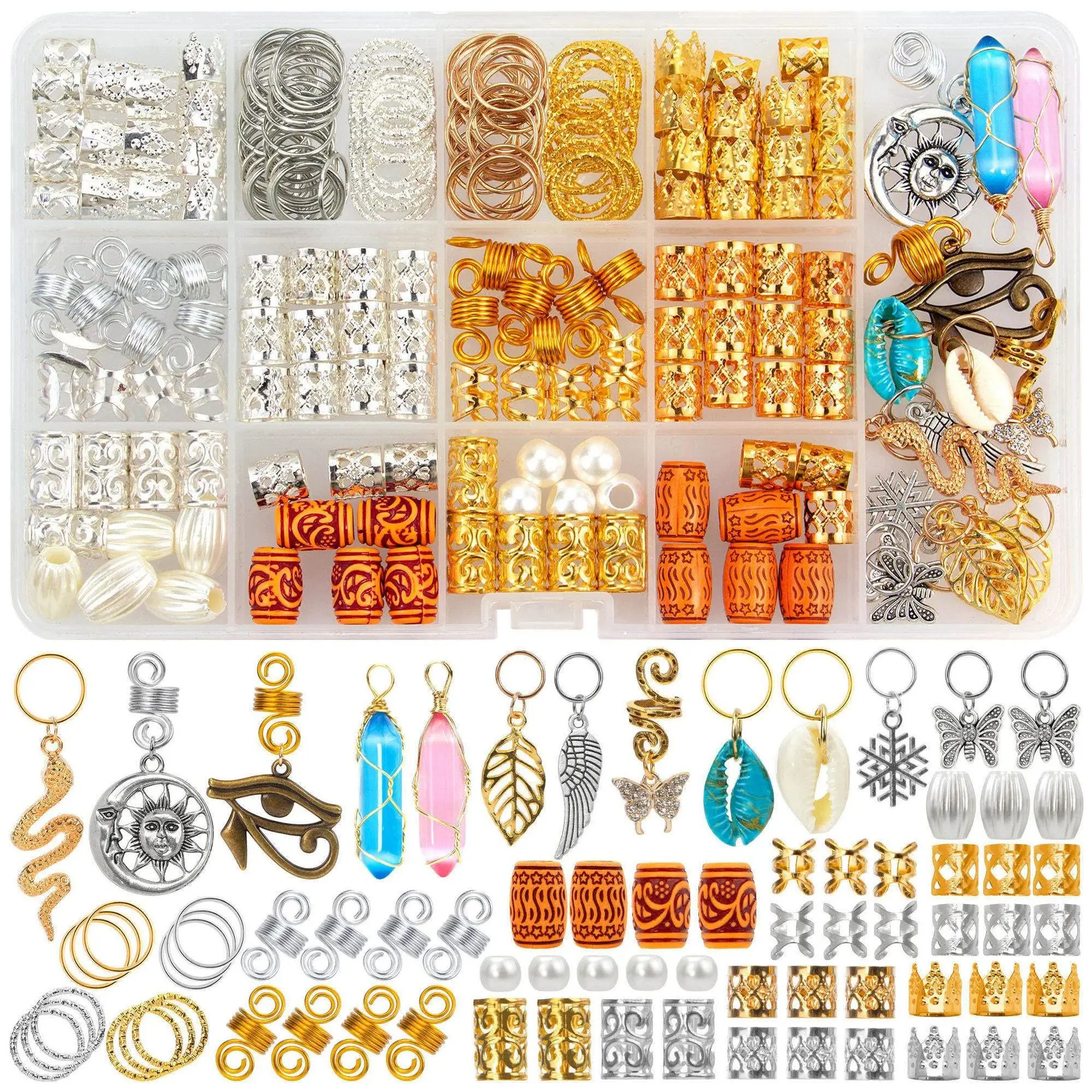 200pcs Mix Metal Sun Moon Butterfly Ring Hair Braid Dreadlocks Bead Clips Decoration Accessories with Storage Box hair braiding tool