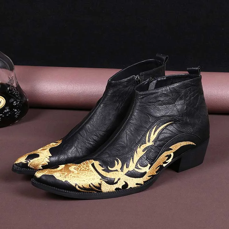 

Real Leather Folk Gold Embroidery Dragon Man Shoes Masculinos Men High Top Cow Leather Banquet Bottines Zapatos Male Dress Shoes