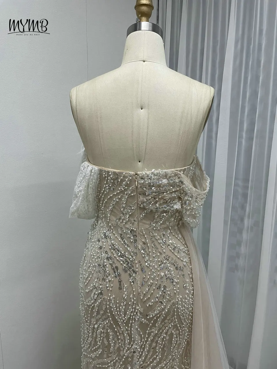 MYMB Elfenbein Atemberaubendes schulterfreies Meerjungfrau-Brautkleid mit Perlen und Federn De Novia Arabisch Exklusive Abendkleider für Frauenparty – Detail 15