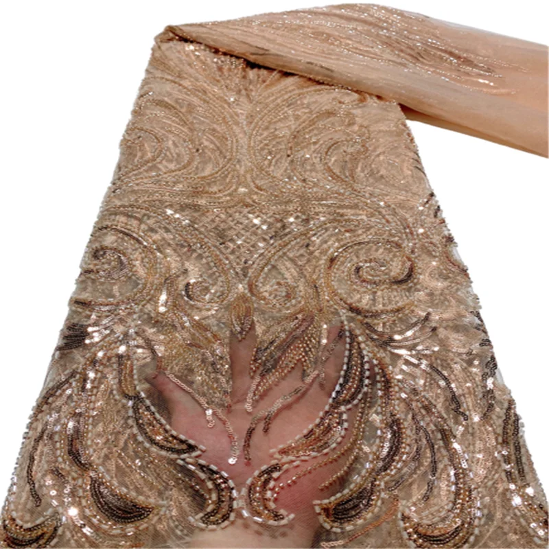 

African lace fabric 2022 latest golden Indian sari fabric high quality tulle sequined lace fabric for wedding dress