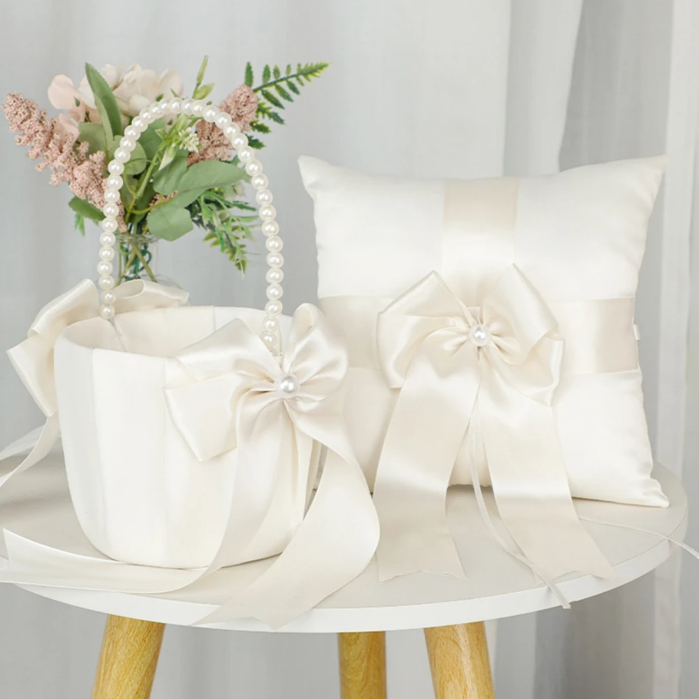 Wedding Flower Girl Basket Ring Pillow Set Romantic Satin Bow Pearls Ring Bearer Pillow For Wedding Party Decor