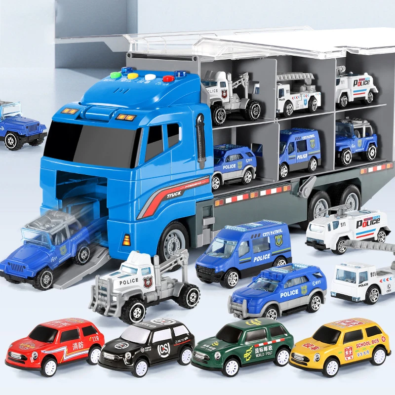 Children's toy police model alloy container truck large truck fire truck storage set model engineering vehicle boy birthday gift