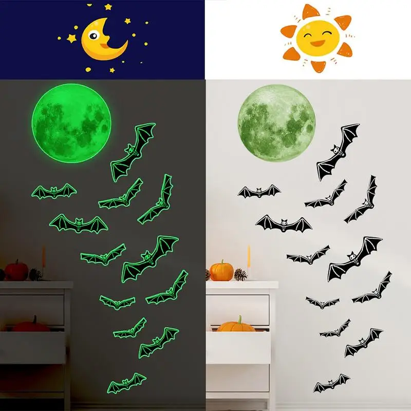 

Halloween Night Glower Wall Stickers Glow in the Dark Moon Stickers Moon Bat Pattern Wall Decoration Ceiling Stickers