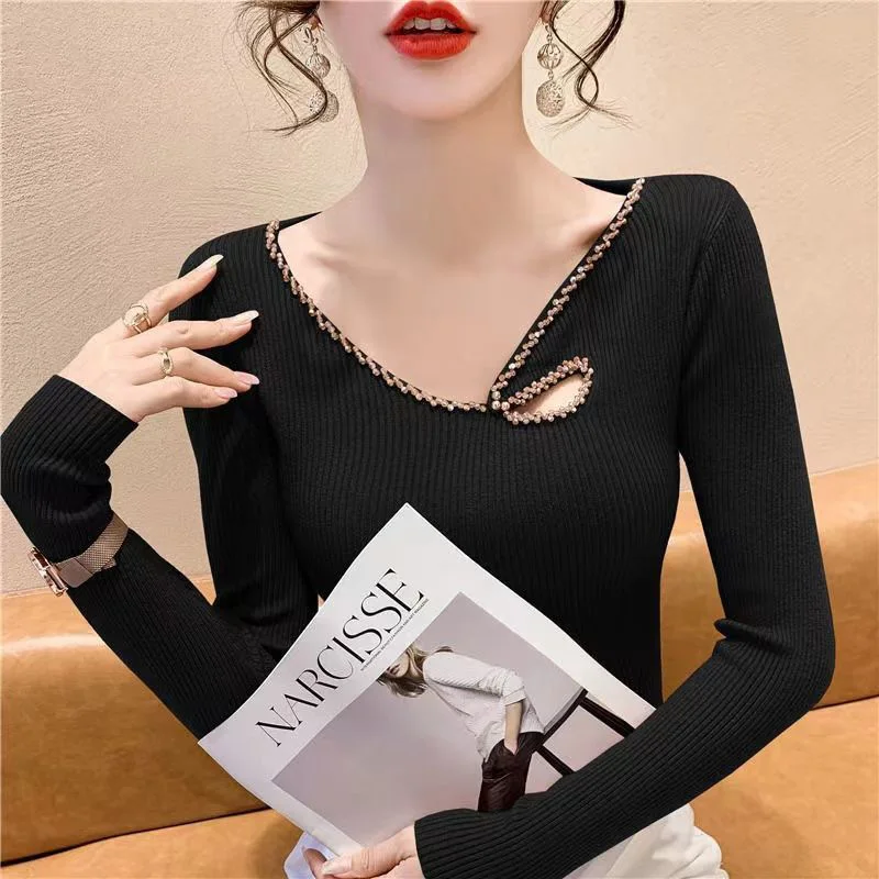 Elegant V-Neck Spliced Hollow Out Diamonds Beading Blouse Female Clothing 2023 Autumn New Casual Pullovers Office Lady Shirt