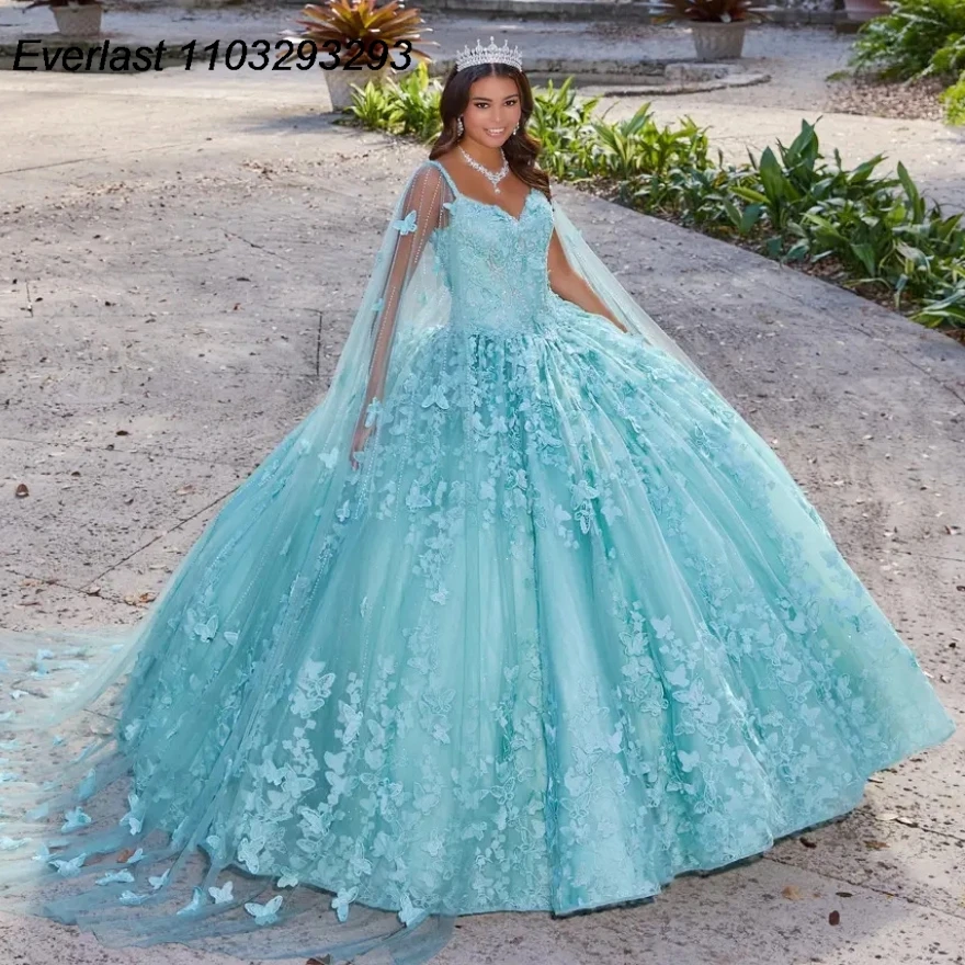 EVLAST Mint Green Quinceanera Dress Ball Gown 3D Lace Applique Beaded Spaghetti With Cape Sweet 16 Vestido 15 De A&ntilde;os TQD243 quinceanera dresses