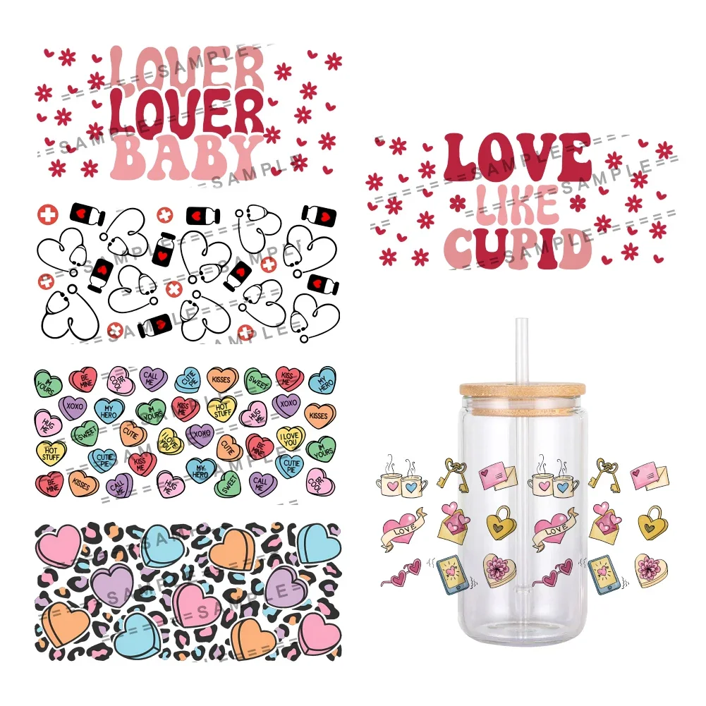 11x24cm Mini Sweet Love Heart Pattern Valentine's Day UV DTF Transfer Sticker Waterproof For 16oz Glass Cup Wrap Stickers