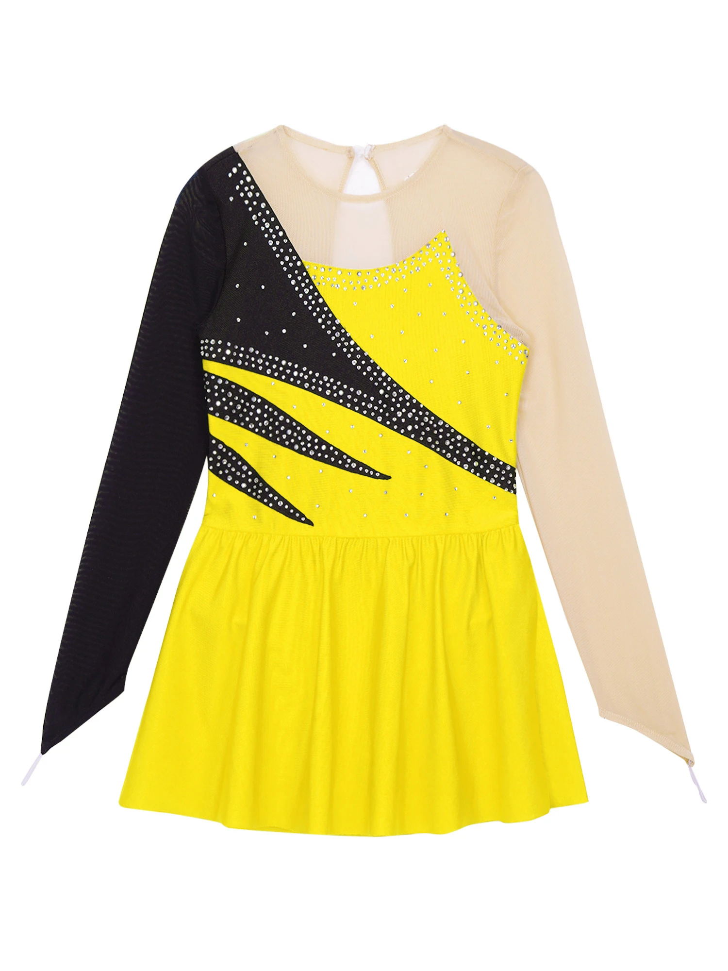 Kids Girls Dance Dress Dancewear Stylish Clothing Round Neckline Contrast Color Rhinestone Decorated Hollow Back Skating Dress
