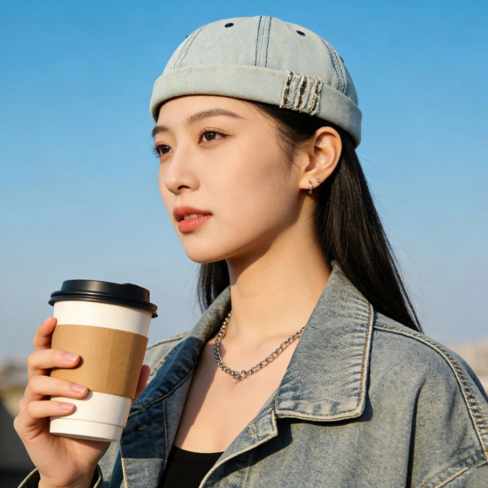 HT5048 Neue Frühling-Herbst-Mützen für Männer und Frauen 100% Baumwolle Denim-Hut Unisex Verstellbare Skullcap Beanie-Mütze Hip-Hop-Kappe – Detail 4
