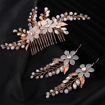 Women Flower Wedding Hair Accessories Set Handmade Rhinestone Crystal Bridal Hair Comb and Earring Bride Headpiece Head Jewelry