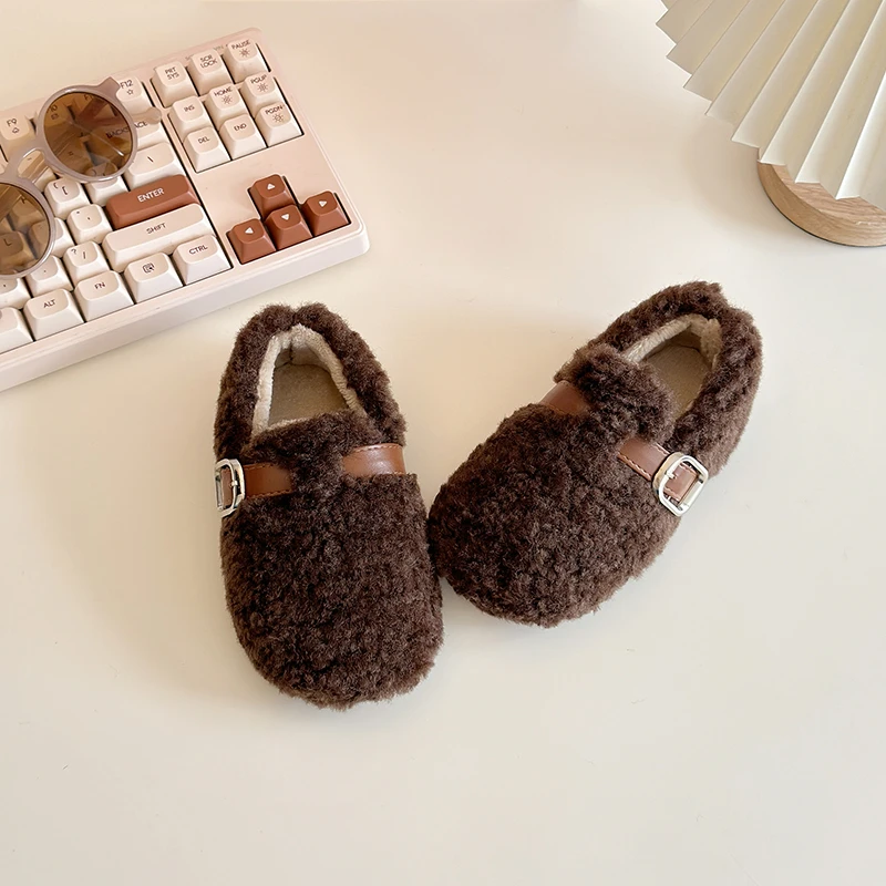 Girls Furry Winter Shoes Solid Color Flats Warm Non Slip