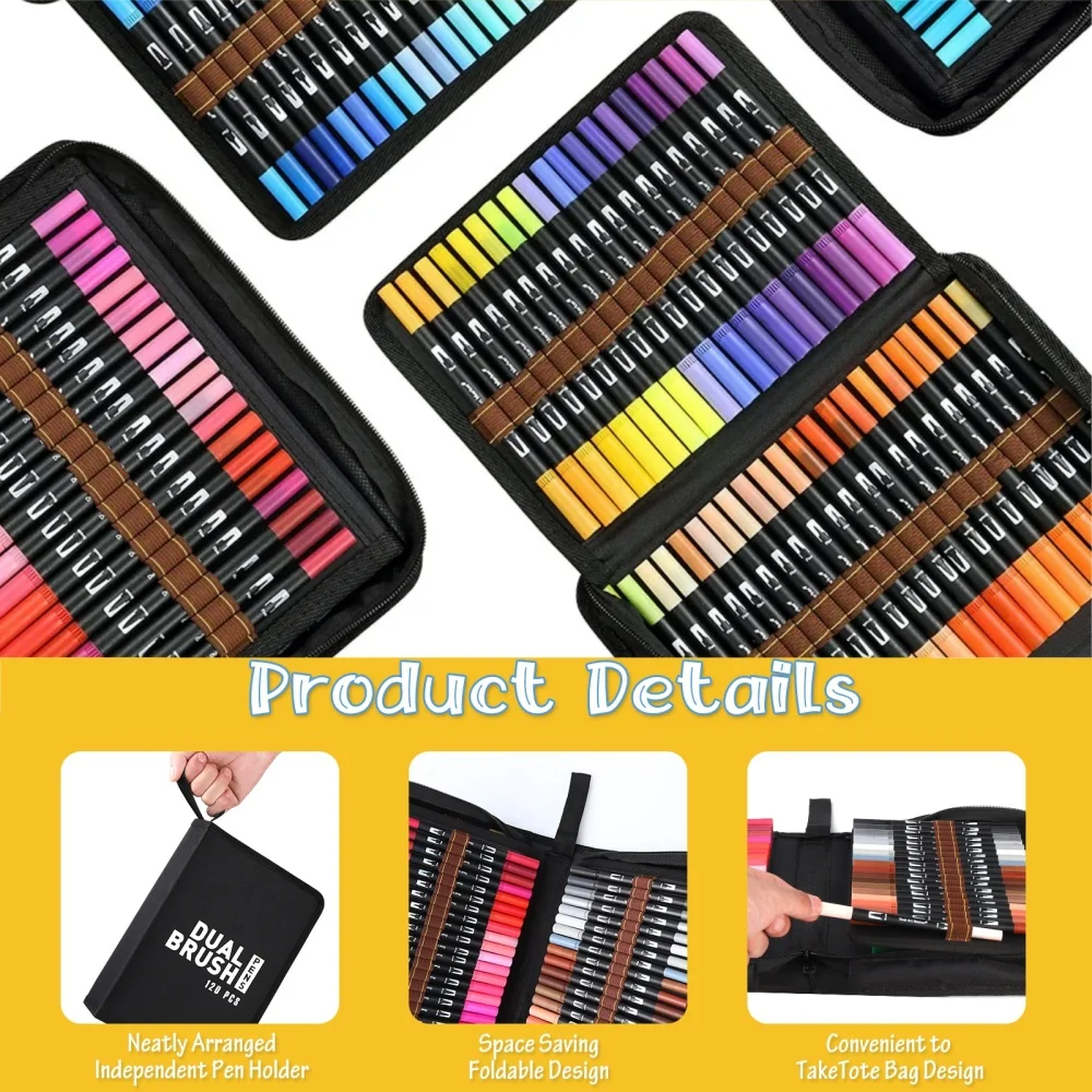 Dual Brush Marker Pens, Künstler-Markierungsset, Fineliner und Pinselspitze mit Premium-Etui für Malbücher, Tagebuch für Erwachsene – Detail 3