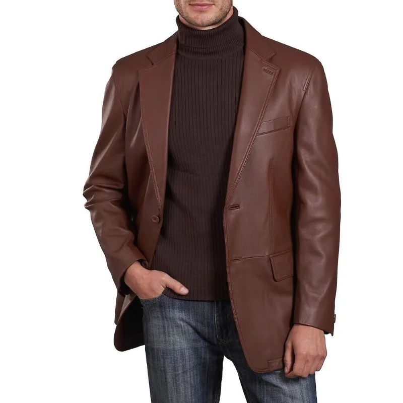 Men's Genuine Leather Real Lambskin Soft Blazer TwoButton Brown Coat Formal Suit