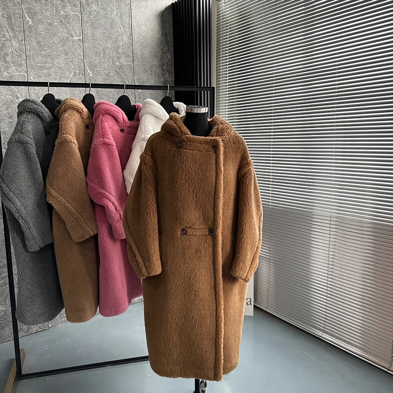 

Teddy Cashmere Lamb Wool Women's Max Coat Horn Buckle Stand Collar Wool Long Outerwears With Hood Loose Thick Porch Overcoat