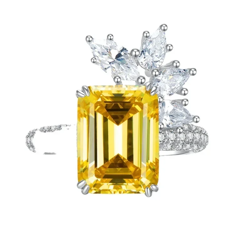 

2023 New 925 Silver Rectangle Yellow 9 * 12 Asche High Carbon Diamond Ring European and American Ins