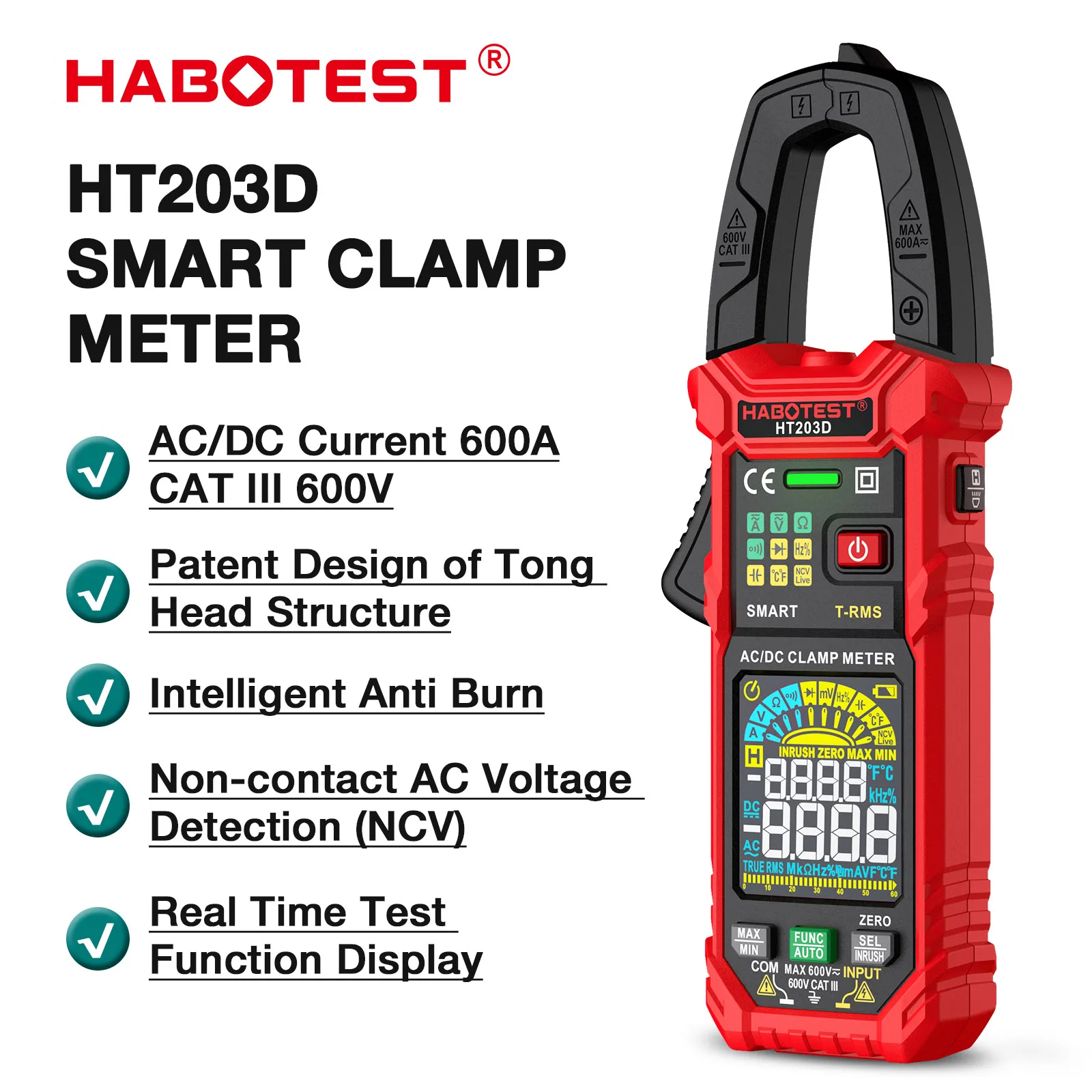 

Цифровой мультиметр-зажим HABOTEST HT203D, тестер переменного тока и напряжения постоянного и переменного тока с ампер, Ом, тестер непрерывности Гц, вольтметр
