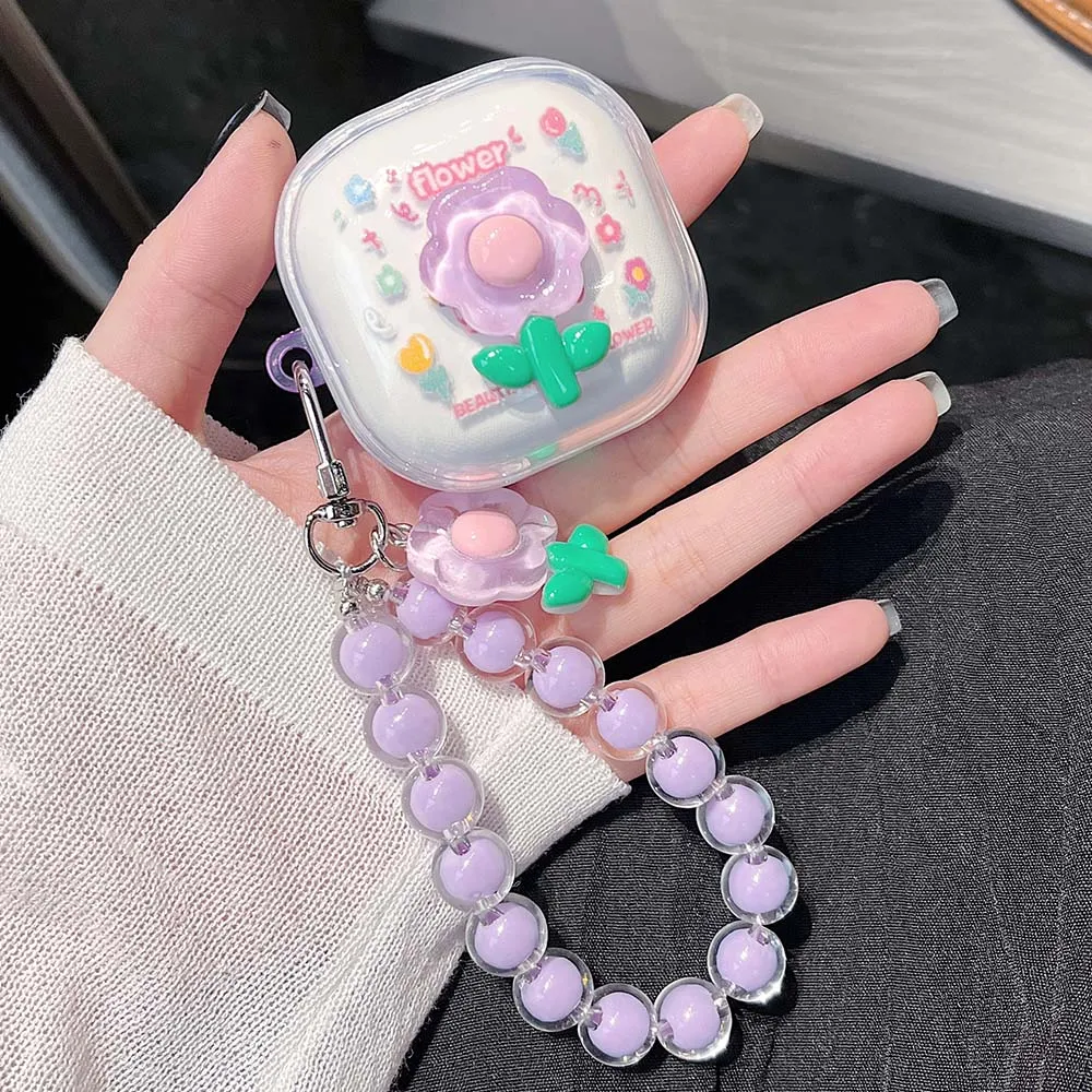 Floral 3D Flower Transparent Earphone Case with Beaded Bracelet