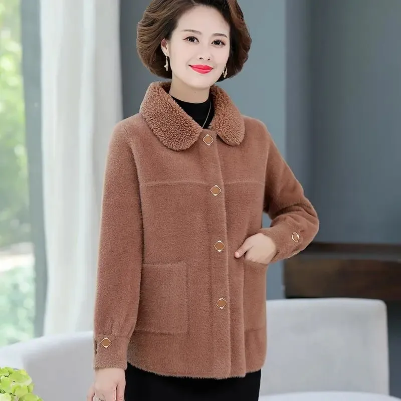

Mother Dress Spring Autumn Imitation Mink Down Women's Coat Middle-Aged Elderly Imitation Cashmere Jacket Warm Loose Woolen Top