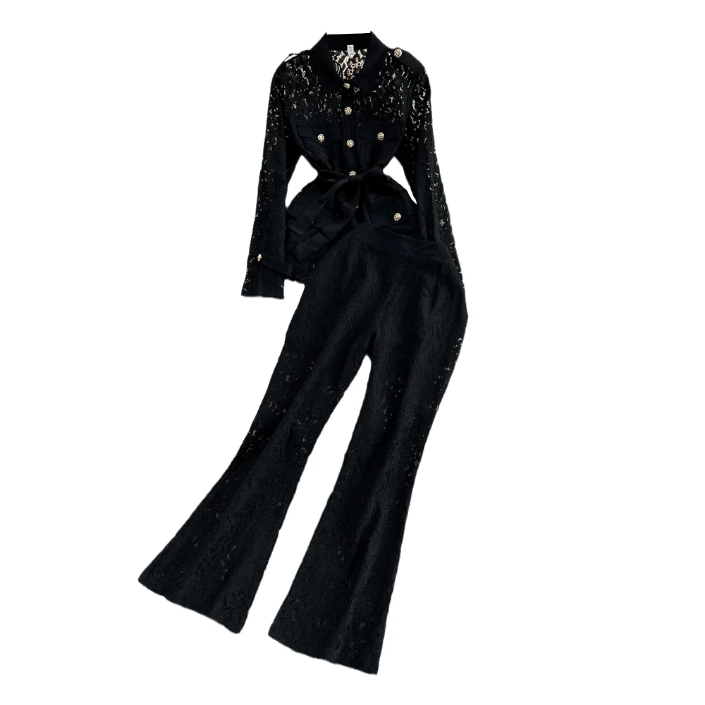 

Lace Trouser Suits Female2023 Autumn New Long Sleeve See though Lace Shirt +High waist Flare Pants Suits Female 2 Piece Set