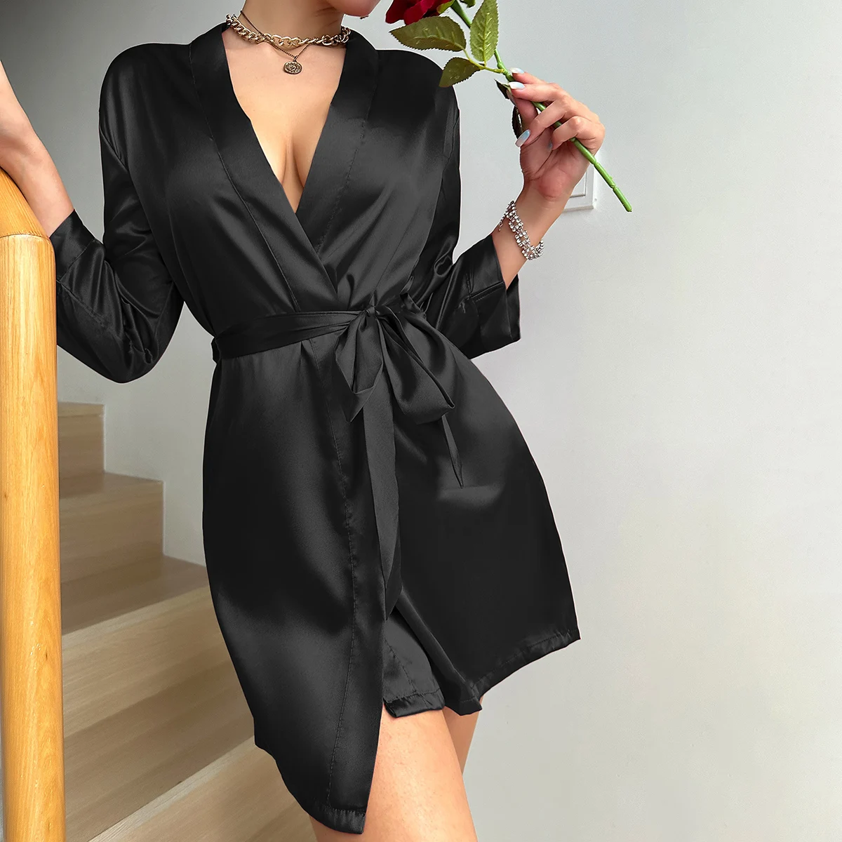 Accappatoio Kimono Donna Raso Lungo Con Scollo A V - Vestaglia Da Sposa O Damigella, Blu Scuro Taglia S