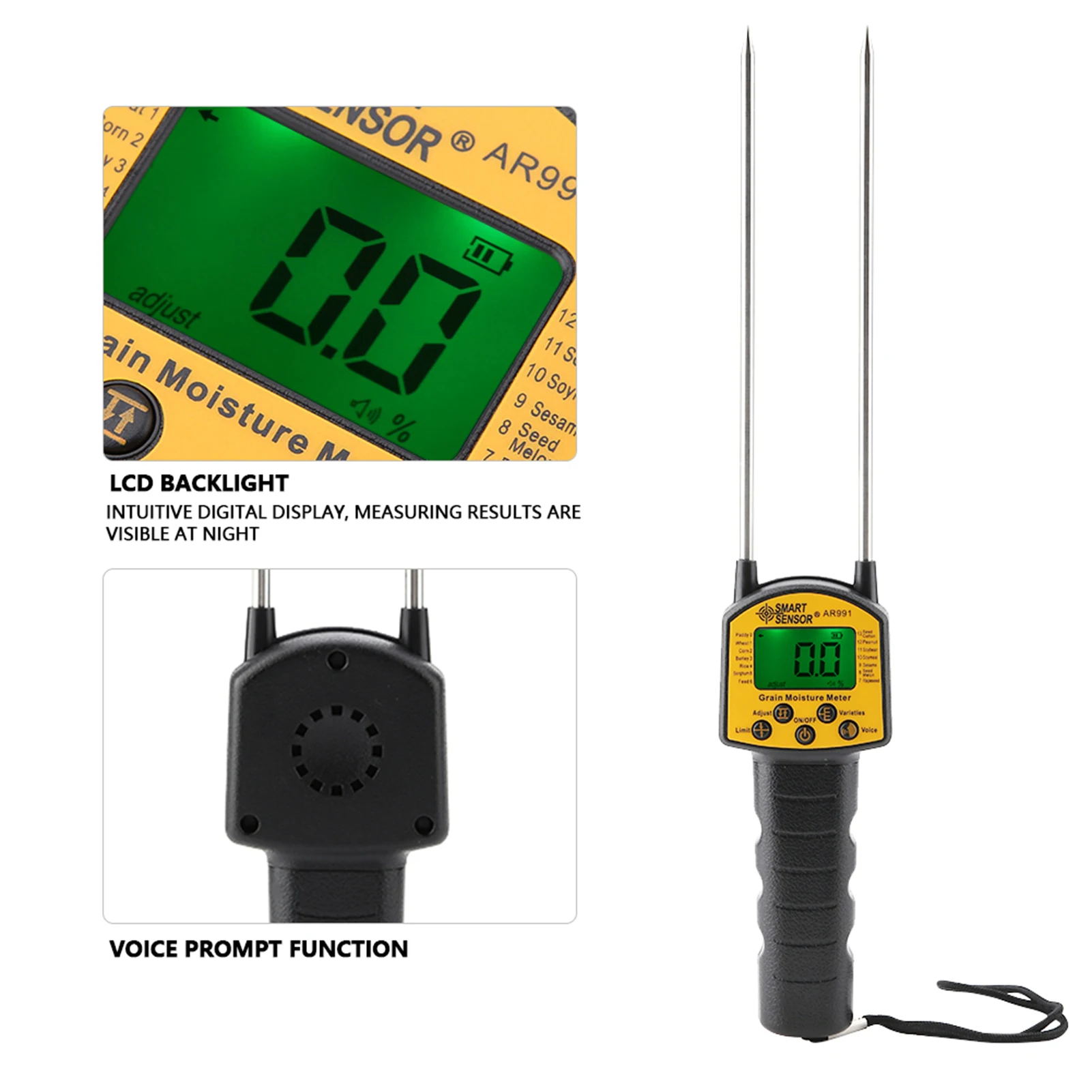 SMART SENSOR AR991 Digital LCD Grain Moisture Meter For Wheat Corn Rice Peanut Soybean Grain Humidity Meter Moisture grain moisture meter