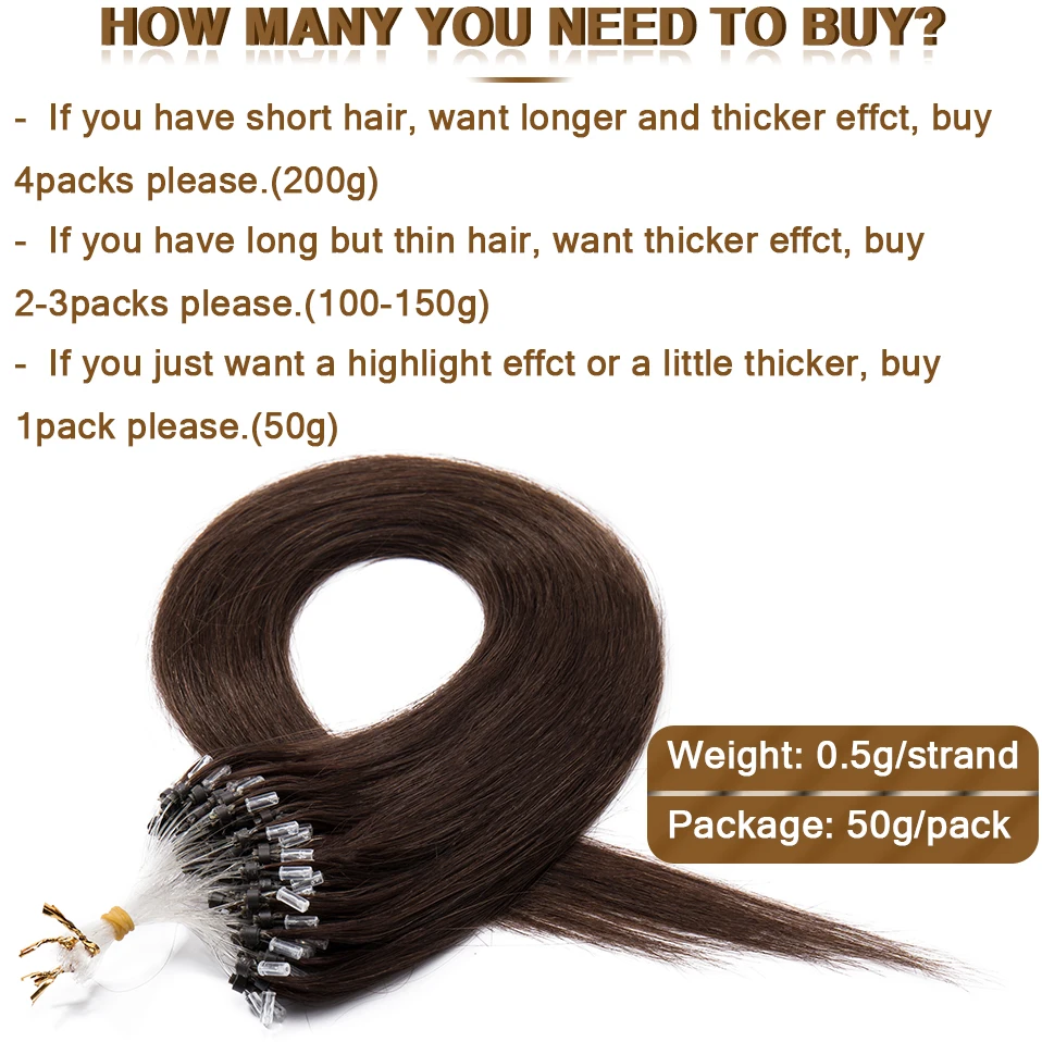 S-noilite 0.5g Micro Loop Hair Extensions Human Hair Microlink Micro Ring 100 Strands/Pack Black Brown Straight Natural