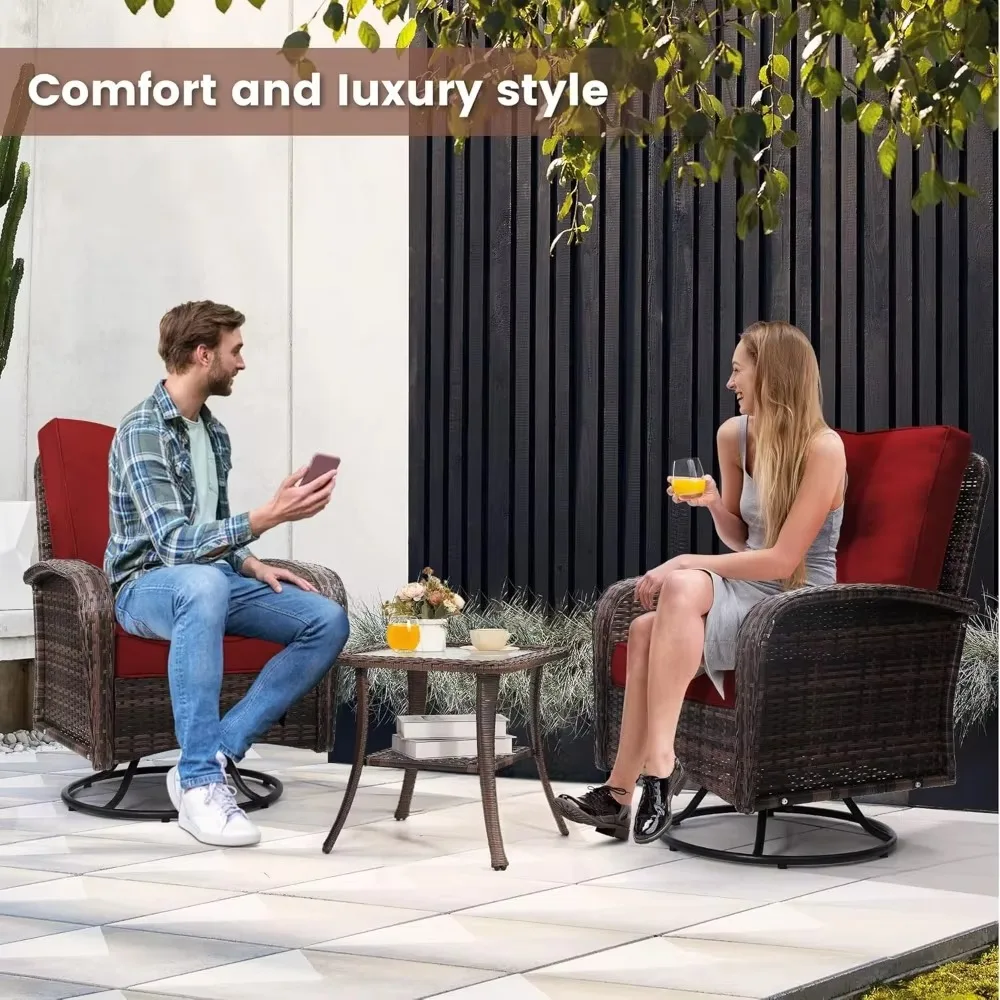 2 Luxury Outdoor Swivel Wicker Glider Patio Chairs with Table Set, Overstuffed Washable Cushions, Ideal for Porch, Balcony,Deck 2