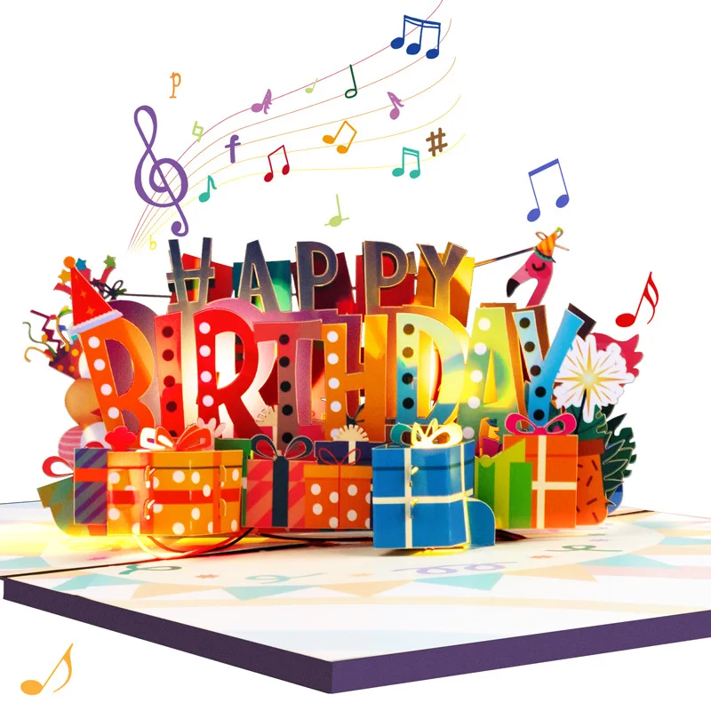 Birthday Card with Music & Light, Musical Birthday Pop Up Card, 3D Music Card