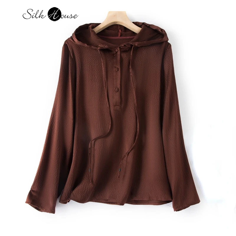 2023 Women's Chocolate Elastic Pearl Satin Long Sleeve Hoodie with Mulberry Silk Sunshade and Sunscreen Coat