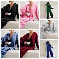 Sexy Low Cut Fashion Pajamas Set For Women Loose Casual Long Sleeve Trouser Suits Satin Silk Female Home Fitted Tops 2-Piece Set - Image 5