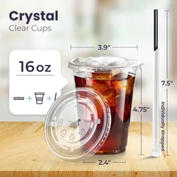 Disposable Clear Plastic Cups with Flat Lids - BPA - Free Premium Smoothie and Iced Coffee Cups - 50pcs (16OZ)
