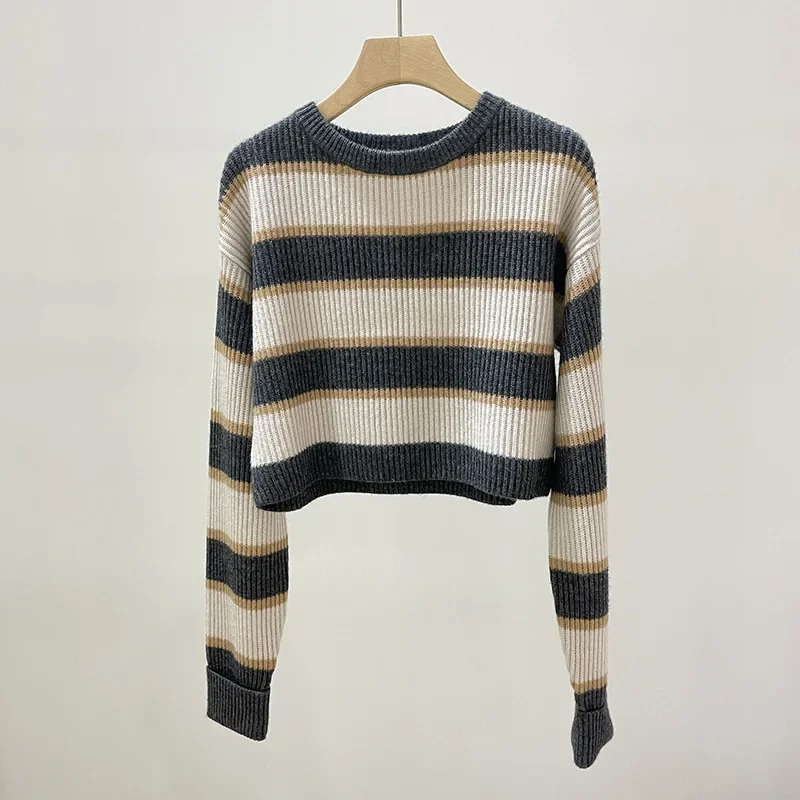 

Women Sweater Contrast Striped O-Neck Casual All-Match Autumn Cashmere Knitted Short Pullovers
