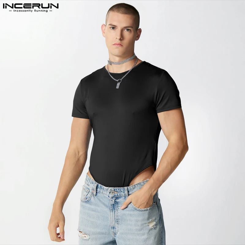INCERUN Men Rompers Short Sleeved Solid Comfortable Bodysuits Stylish O-neck Design Triangle Jumpsuits S-5XL men bodysuits men jumpsuits