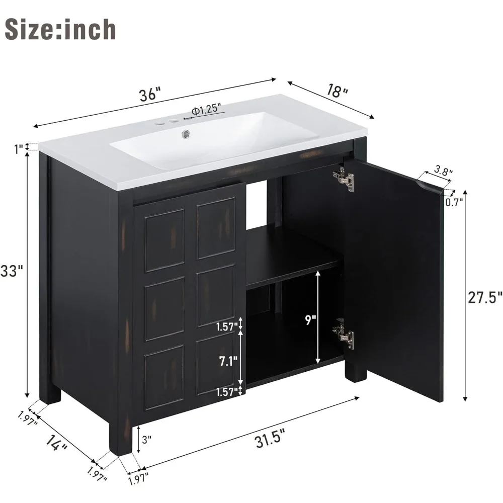 36" Bathroom Vanity Combo with Ceramic Sink,Pedestal Sink Cabinet with 2 Soft-Close Doors, SolidWood Bathroom Cabinet, Vintage 3