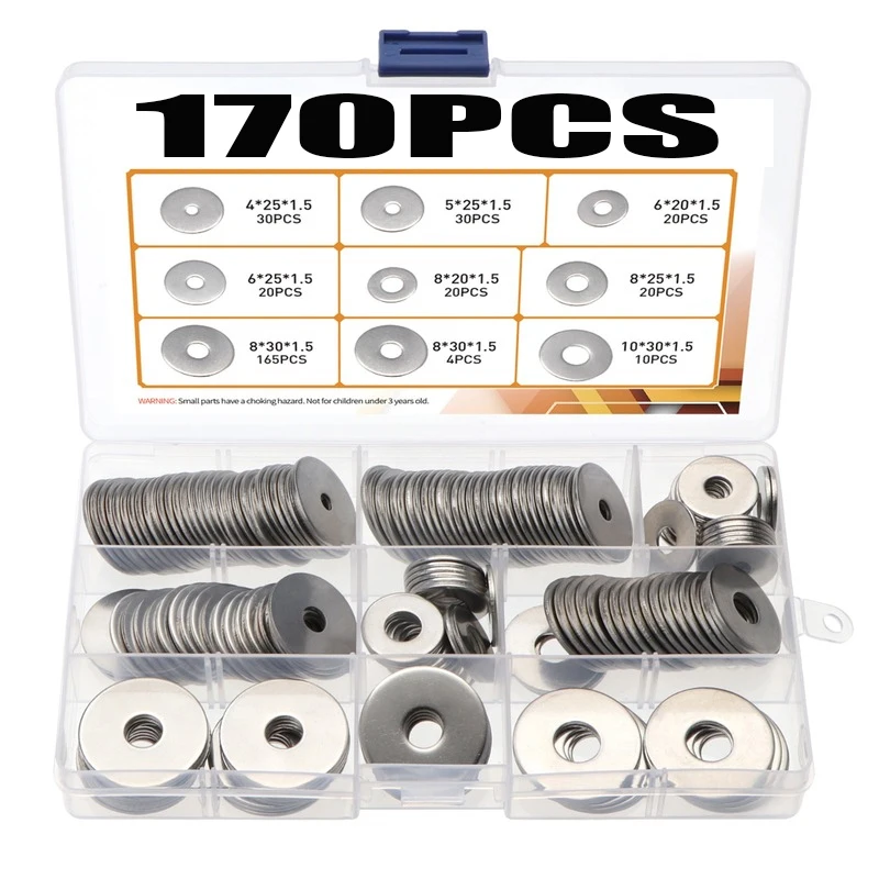 170PCS Flat Washers 304 Stainless Steel Sealing Rings Flat Assortment Washers Set with Box Suitable for Screw Fasteners