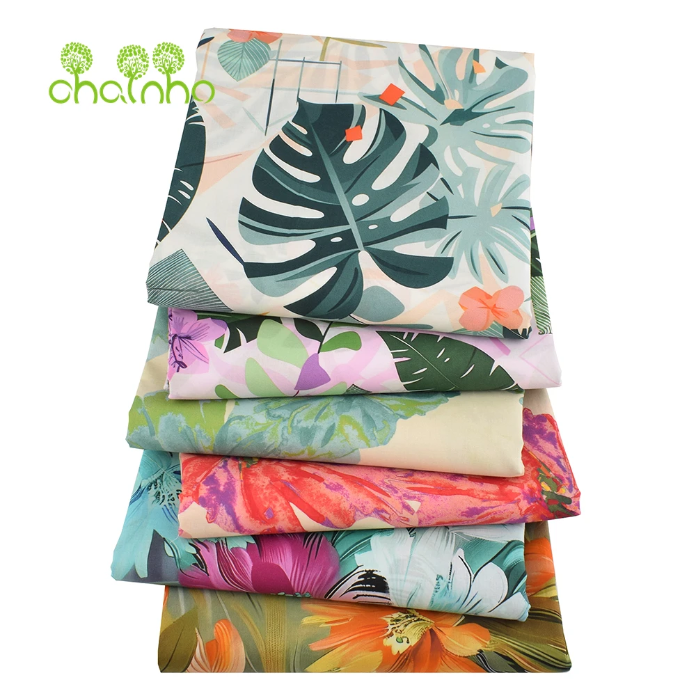 Chainho,Printed Plain Weave Poplin Cotton Fabric,DIY Quilting Sewing Material,Patchwork Cloth,Floral Series,2 Sizes,15PC226