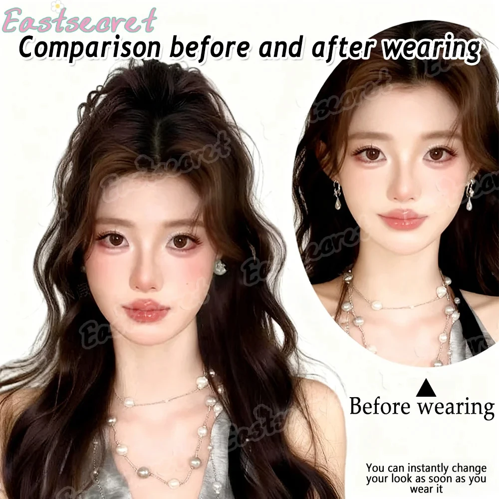 EAST 합성 가발 40cm 공주 소녀 풍성한 웨이브 하이 포니테일 클립형 가발 워터폴 곱슬머리 집게핀 여성 헤어 익스텐션