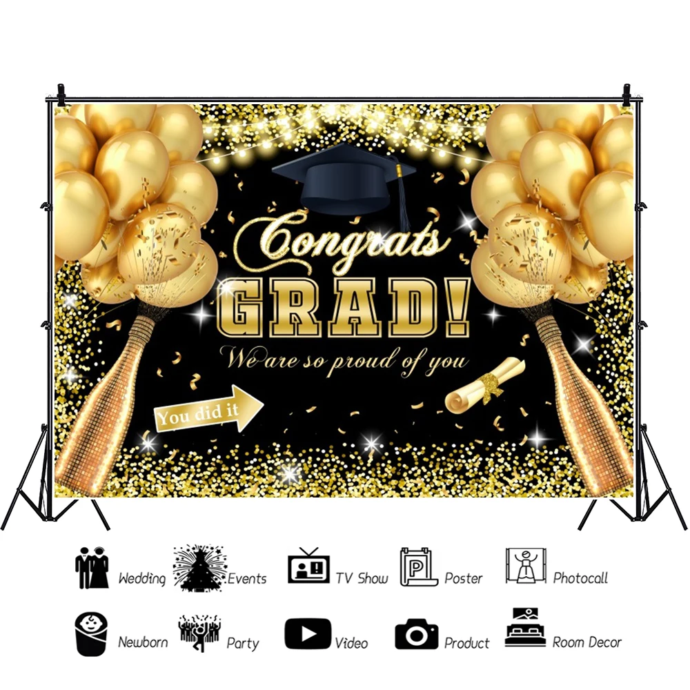 Congratulations Graduation Party Decor Poster Gold Balloon Ribbons Black Photography Backdrop Vinyl Background