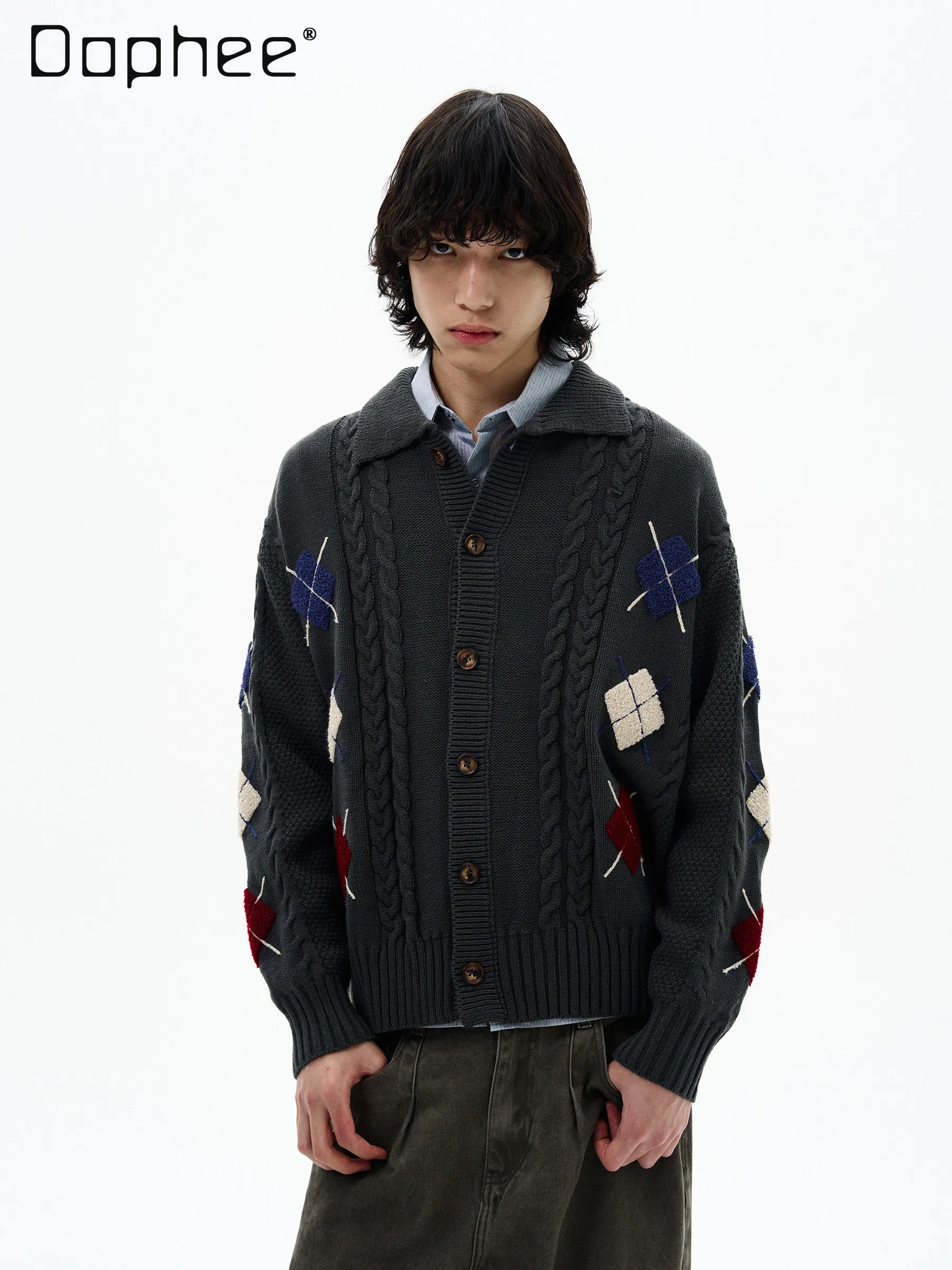 봄과 가을 미국 복고풍 디자인 그레이 스웨터 가디건 남성용 브라운 대학 스타일..