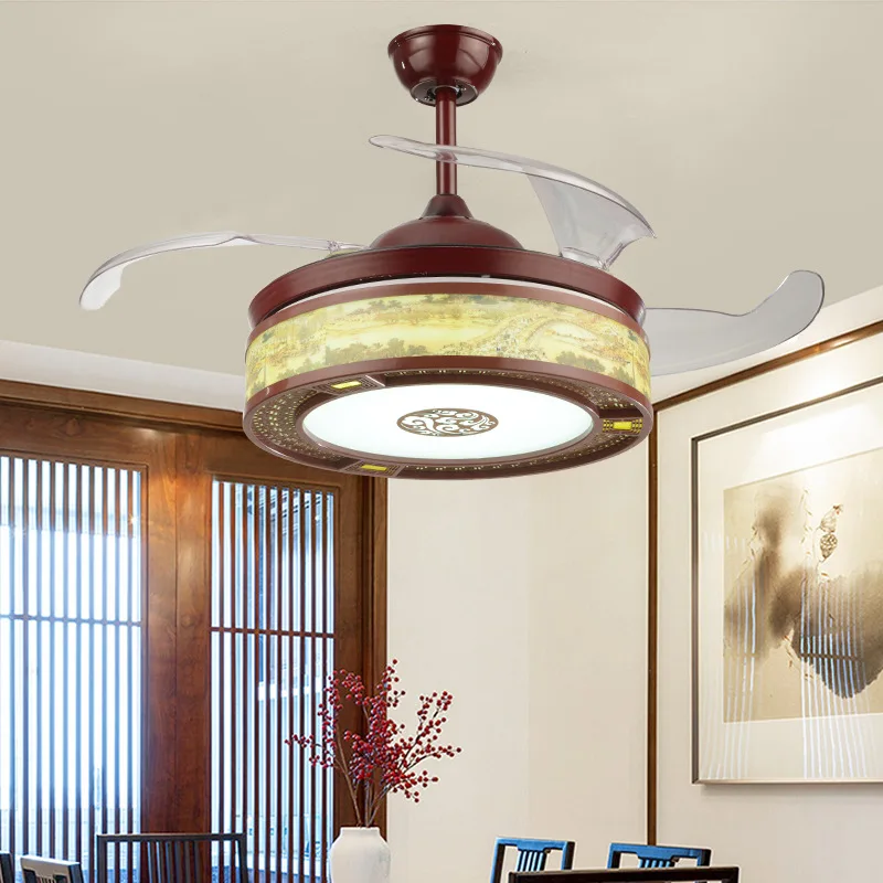

New Chinese style fan lamp, invisible fan, LED retro modern ceiling fan lamp, red and brown new lighting