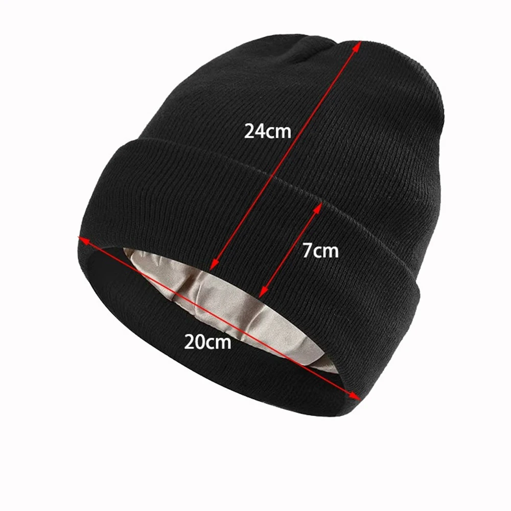 Damen Satin-gefütterte Wintermütze Seiden-Dicke Strickmütze Weiche Slouchy Skull Warme Kappe – Detail 3